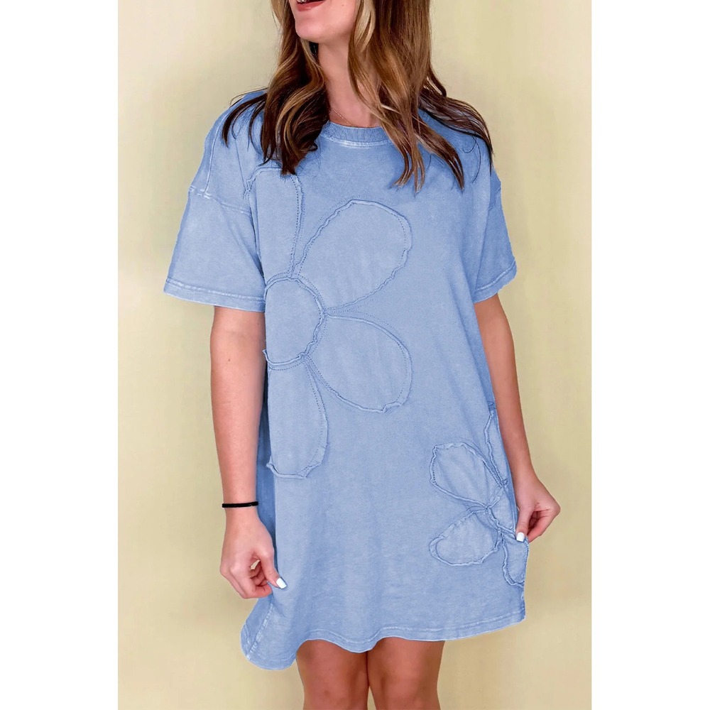 Easel Light Blue Mineral Wash Flower Patchwork T-Shirt Dress Boho Small NWT